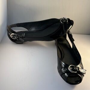 Stuart Weitzman Chitchat Peep Toe Buckle Ballet Flats 7M Gloss Black AW 12756
